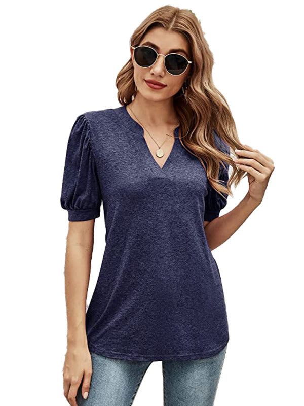 xakxx Simple Solid Color V-Neck Puff Sleeves T-Shirt Top
