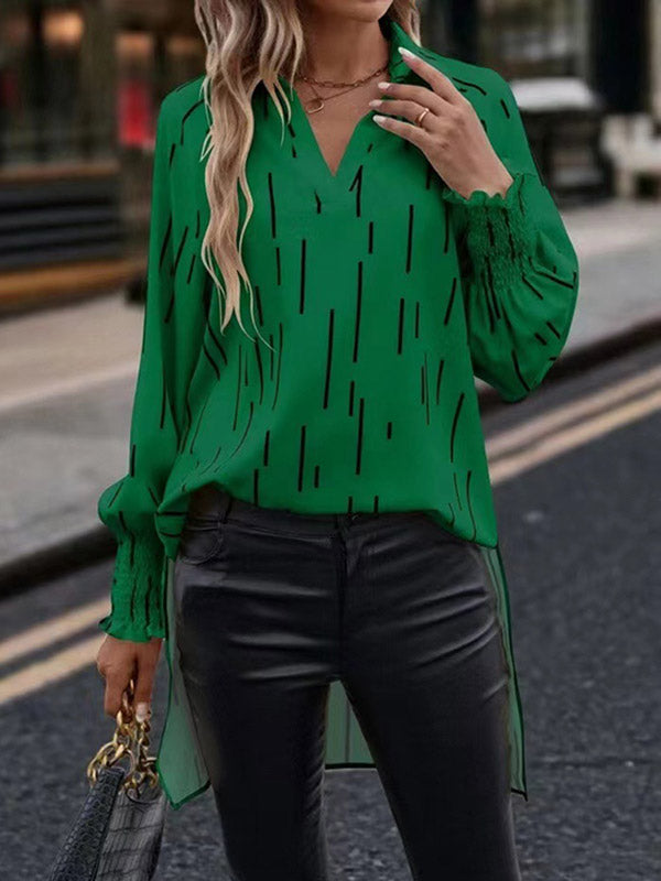 xakxx High-Low Long Sleeves Elasticity Printed V-Neck T-Shirts Tops