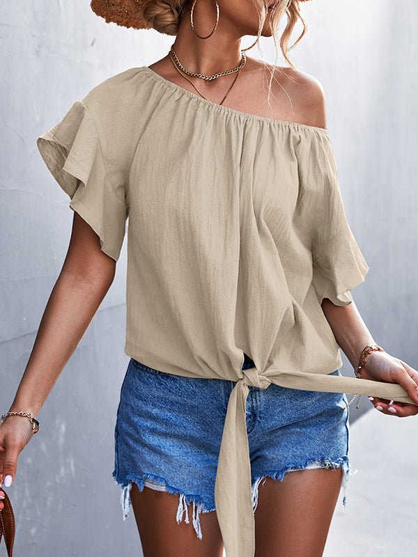 xakxx Loose Short Sleeves Elasticity Falbala Pleated Solid Color Tied Round-Neck T-Shirts Tops