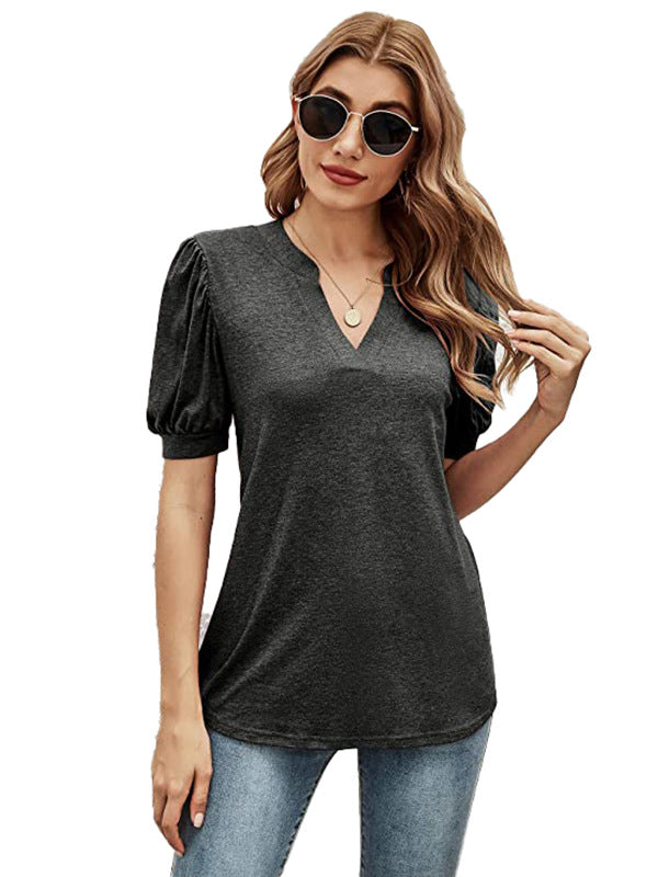 xakxx Simple Solid Color V-Neck Puff Sleeves T-Shirt Top