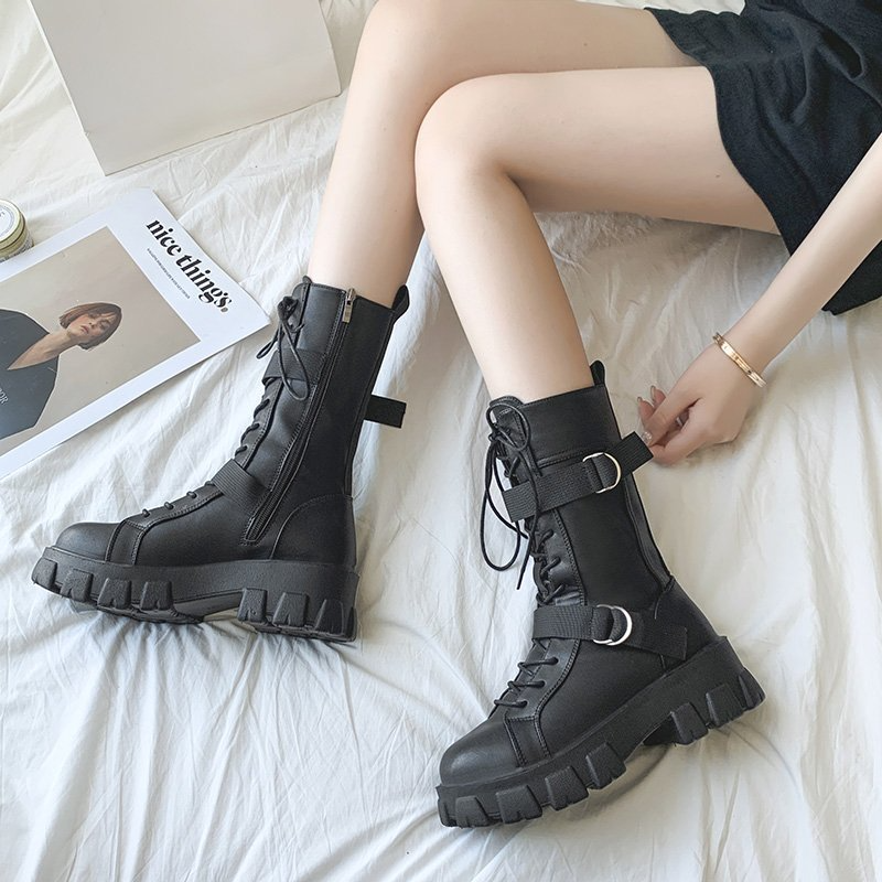 Purpdrank - Women's Shoes New Spring Style Platform Comfortable Boots Zipper Casual Mid-Calf Round Toe Flat with Boots Femmes Bottes