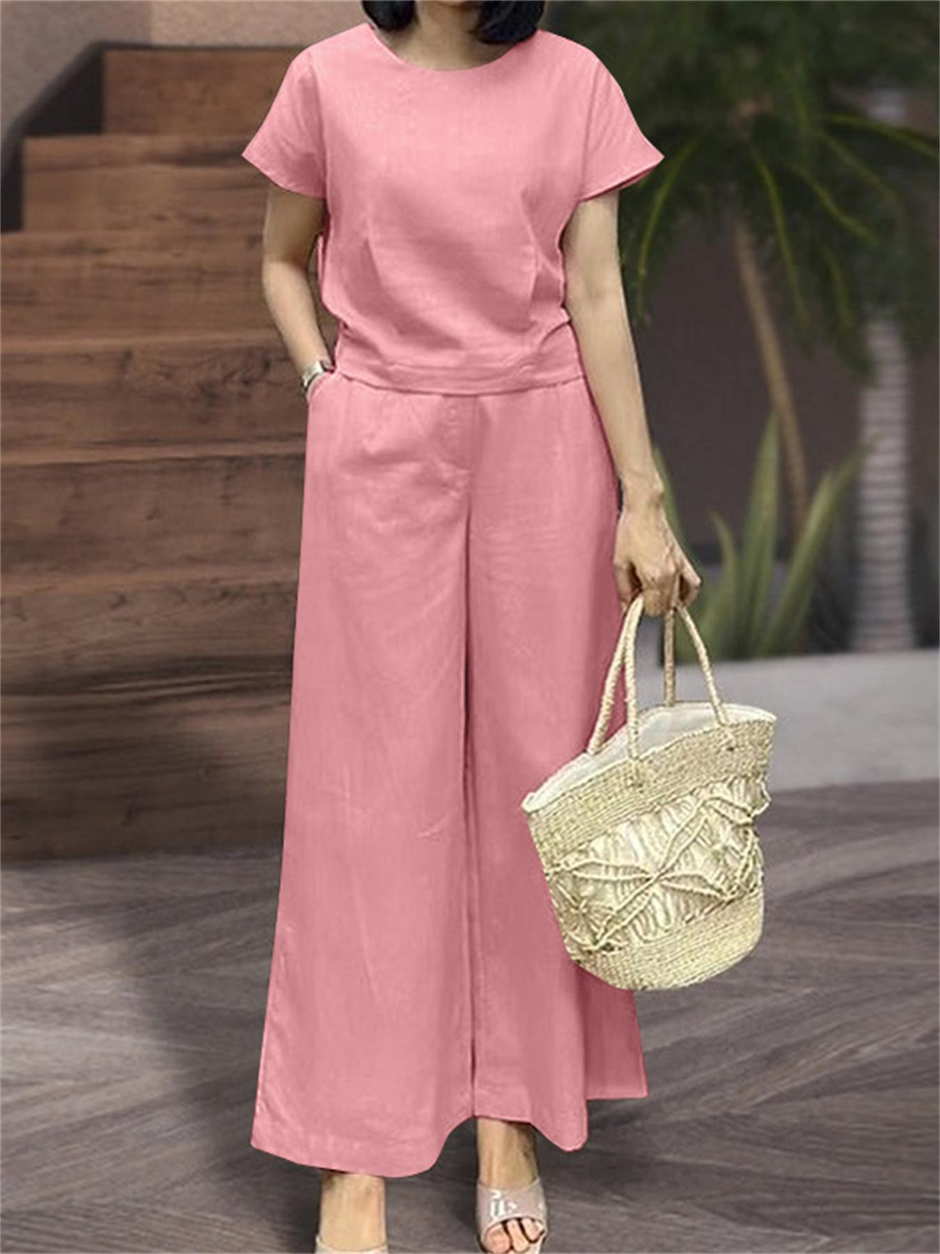 Lightweight & Stylish Womens Two-Piece Outfit - Loose Fit Solid Color T-Shirt with Crew Neck & Dual Pocket Pants - Perfect Casual Clothing Set for Everyday Fashion