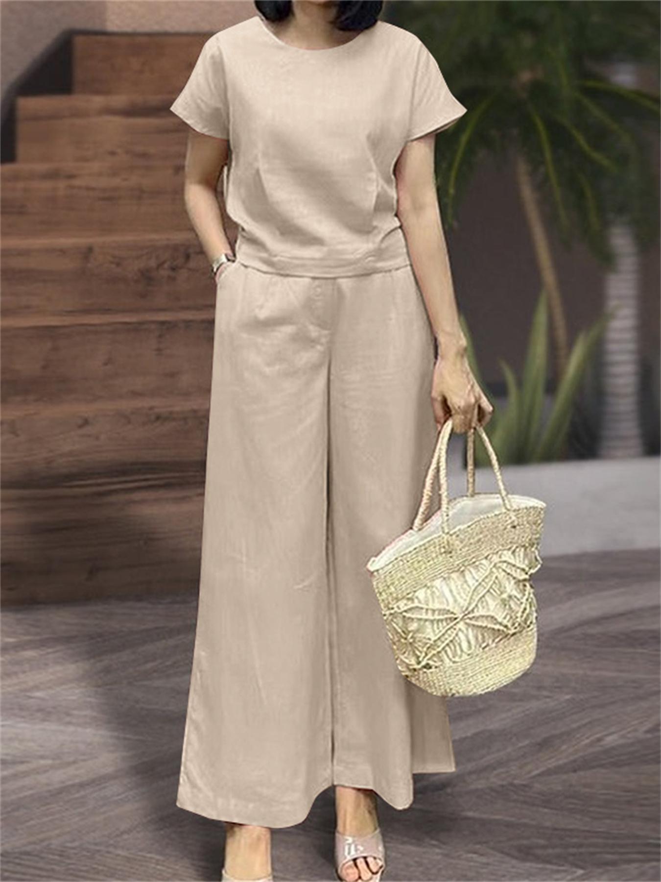 Lightweight & Stylish Womens Two-Piece Outfit - Loose Fit Solid Color T-Shirt with Crew Neck & Dual Pocket Pants - Perfect Casual Clothing Set for Everyday Fashion