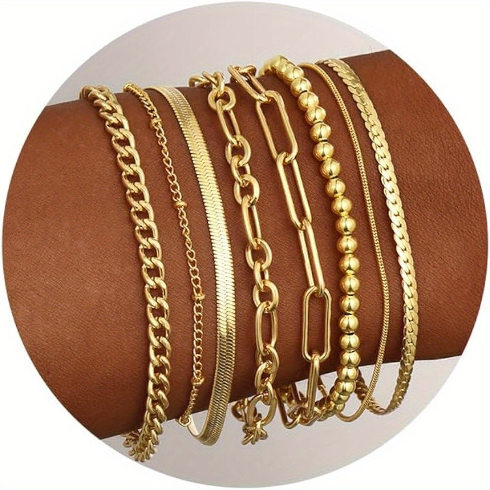 8 Pairs of Stunning Layered Chain Bracelets Pack for Women - Adjustable, Durable, and Versatile Jewelry Accessories - Perfect for Everyday Wear and Gift Giving