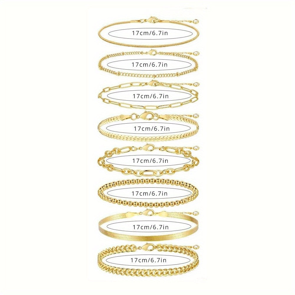 8 Pairs of Stunning Layered Chain Bracelets Pack for Women - Adjustable, Durable, and Versatile Jewelry Accessories - Perfect for Everyday Wear and Gift Giving