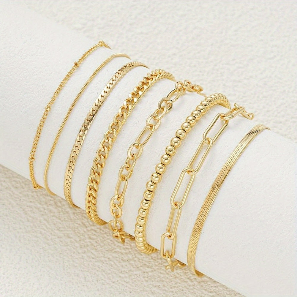 8 Pairs of Stunning Layered Chain Bracelets Pack for Women - Adjustable, Durable, and Versatile Jewelry Accessories - Perfect for Everyday Wear and Gift Giving