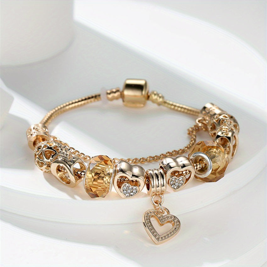 1PC Exquisite Golden Alloy Love Beads Charm Bracelet - Color Preserving Plating, Fashionable, Valentine's Day Gift, DIY Jewelry Accessories for Women, Anniversary, Birthday, or Romantic Occasions