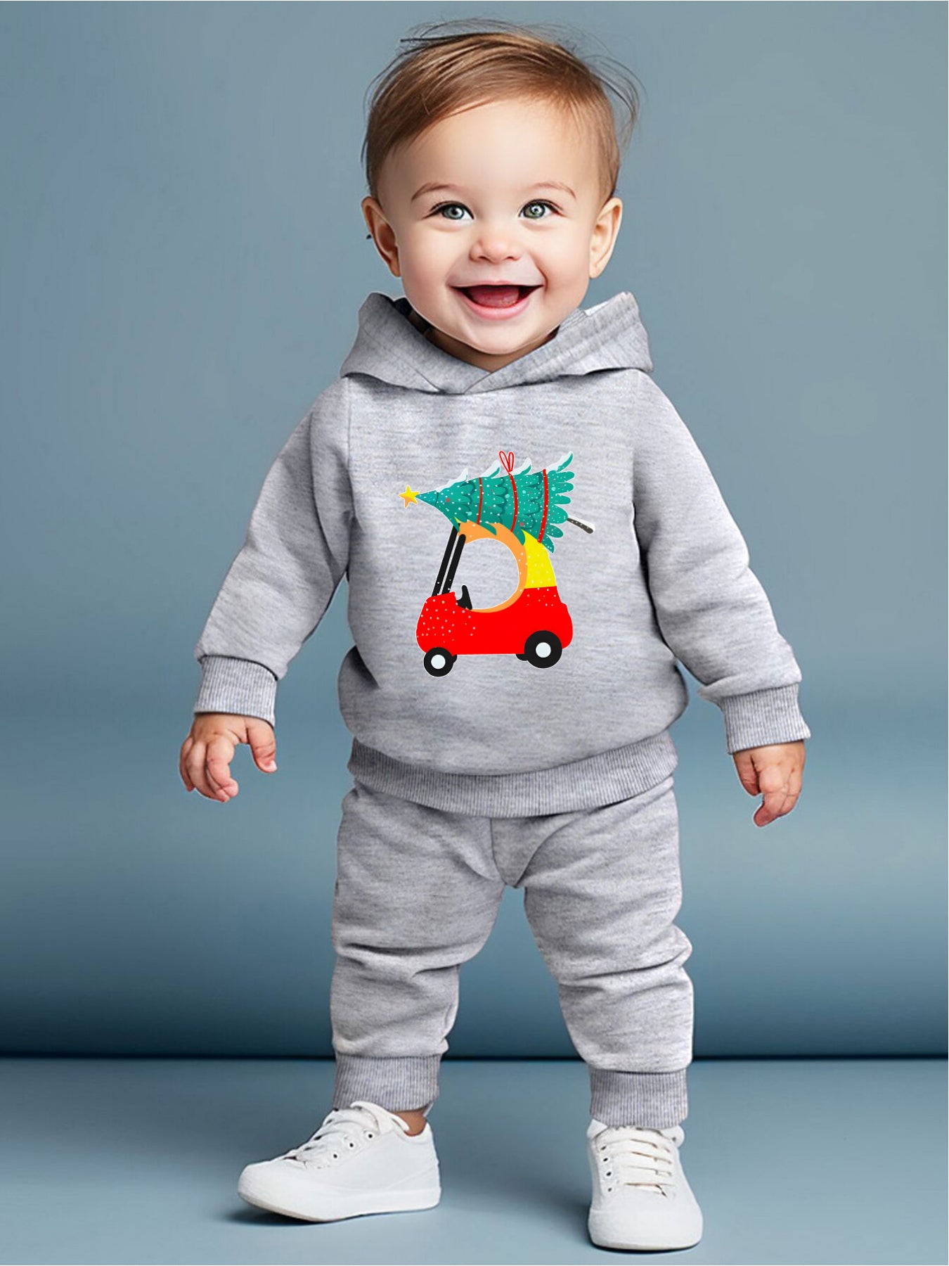Infant Baby Fashion Long Sleeve Hooded Sweatshirt Set Cartoon Toy Car Christmas Tree Print Baby Boy Trousers Set