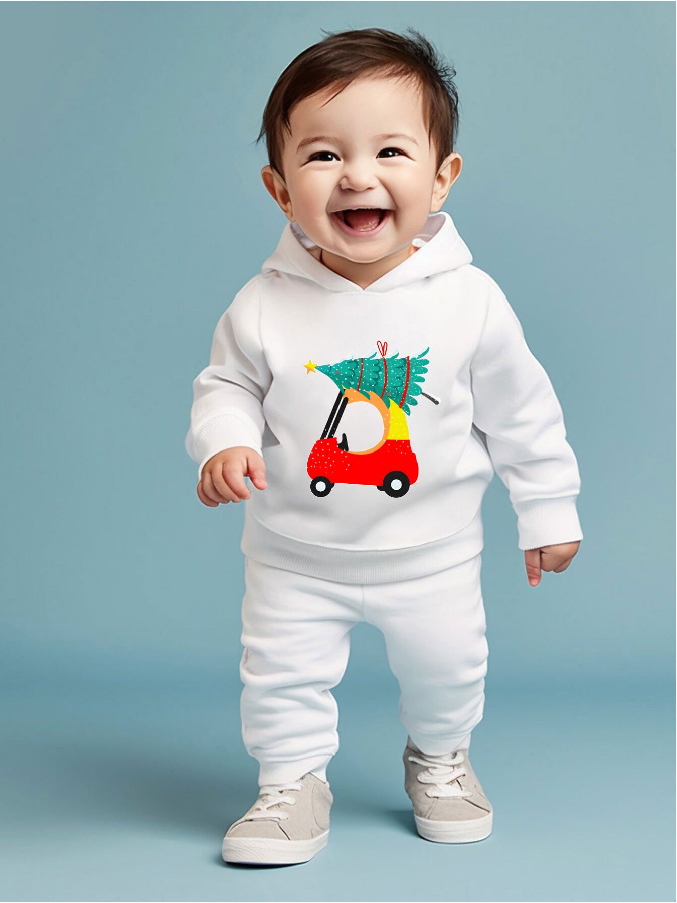 Infant Baby Fashion Long Sleeve Hooded Sweatshirt Set Cartoon Toy Car Christmas Tree Print Baby Boy Trousers Set