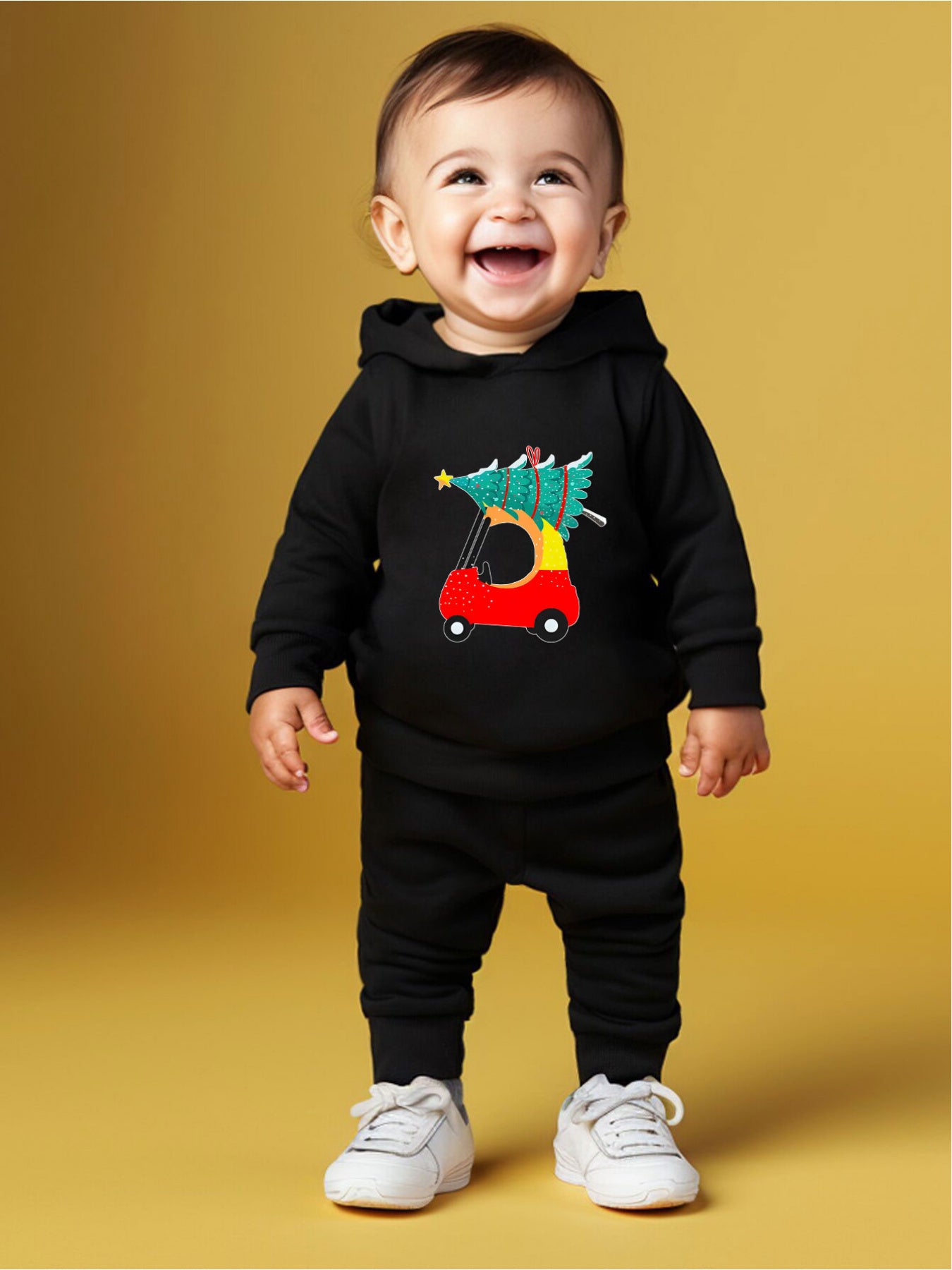 Infant Baby Fashion Long Sleeve Hooded Sweatshirt Set Cartoon Toy Car Christmas Tree Print Baby Boy Trousers Set