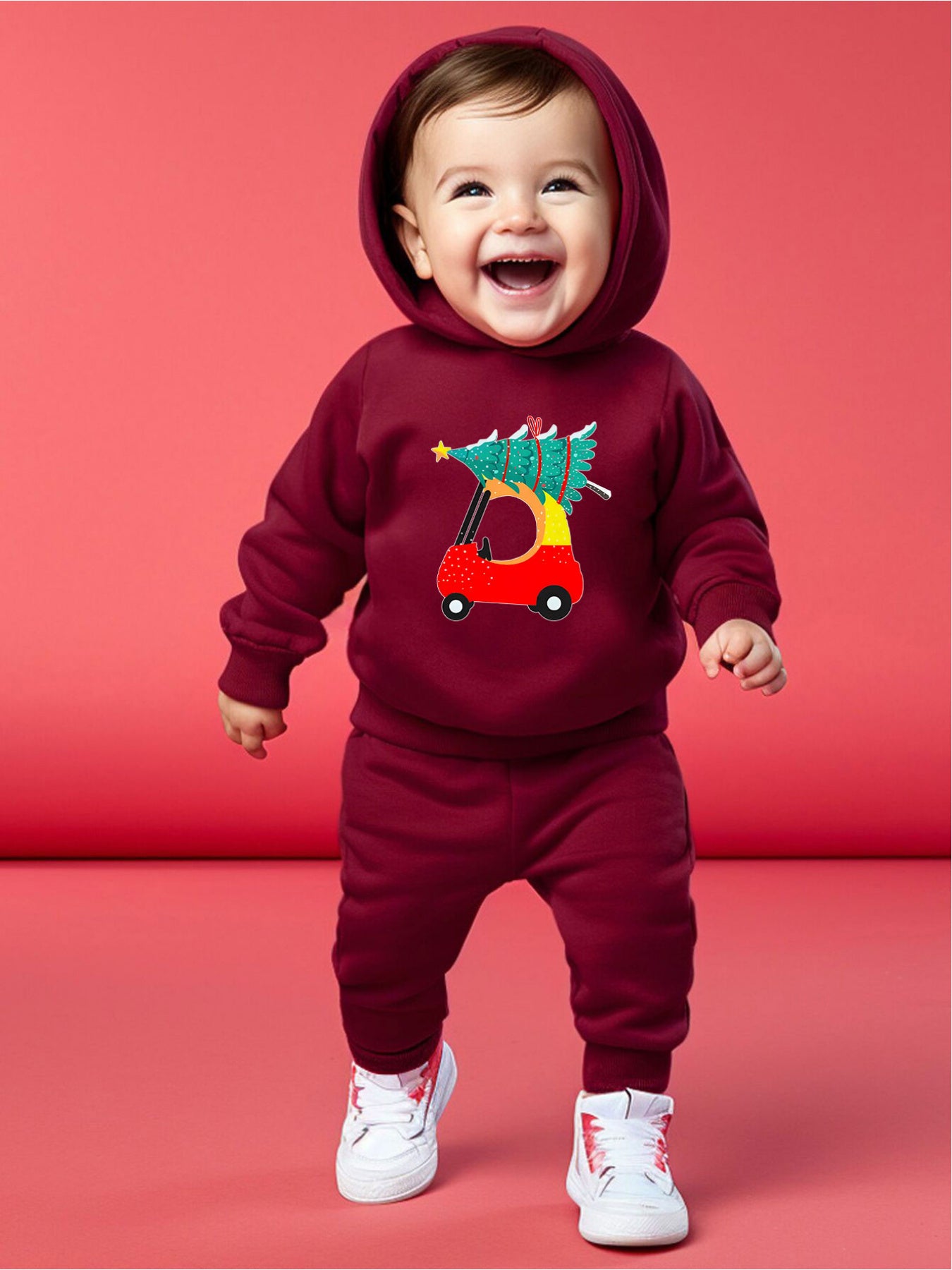 Infant Baby Fashion Long Sleeve Hooded Sweatshirt Set Cartoon Toy Car Christmas Tree Print Baby Boy Trousers Set