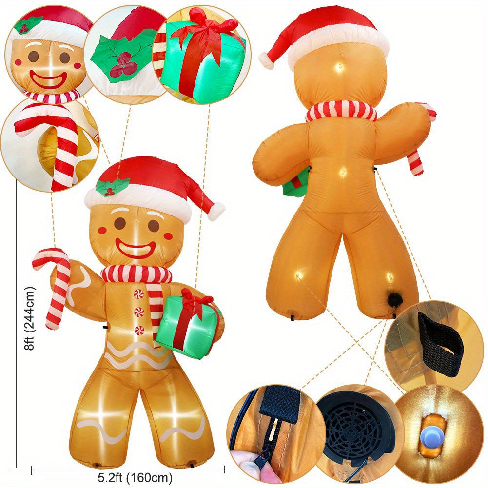 8FT Polyester Freestanding LED Lighted Inflatable Gingerbread Man Outdoor Decoration, Weather-Resistant Plug-Powered Yard Decor with US Plug for Christmas, Thanksgiving, Weddings, and More (110V-240V)