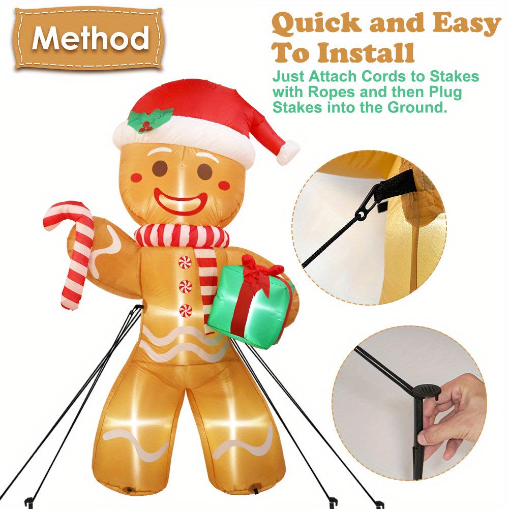 8FT Polyester Freestanding LED Lighted Inflatable Gingerbread Man Outdoor Decoration, Weather-Resistant Plug-Powered Yard Decor with US Plug for Christmas, Thanksgiving, Weddings, and More (110V-240V)
