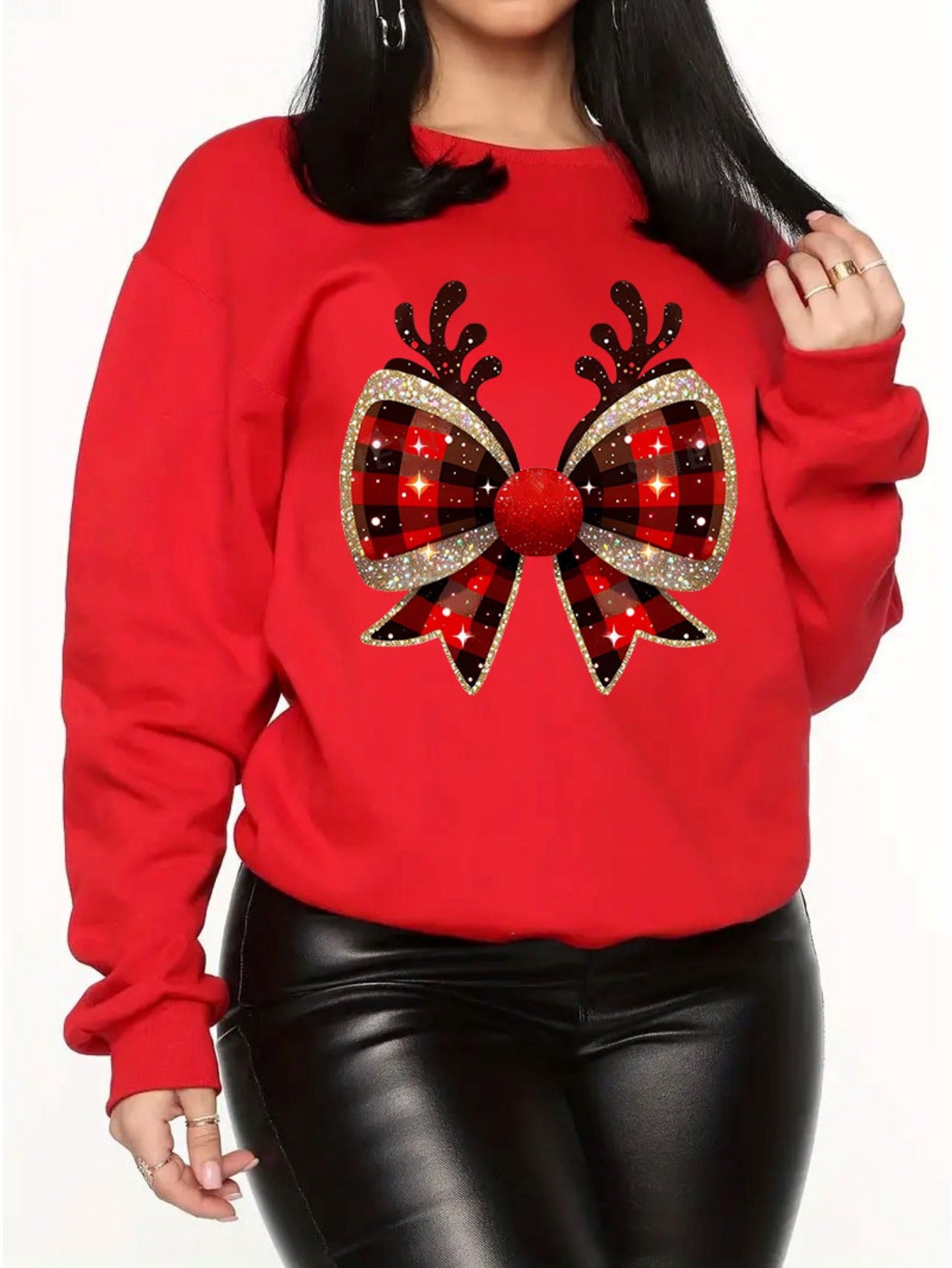 Women's Plus Size Casual Christmas Sweatshirt with Reindeer & Bow Print - Cozy Polyester, Round Neck, Machine Washable - Perfect for Fall/Winter