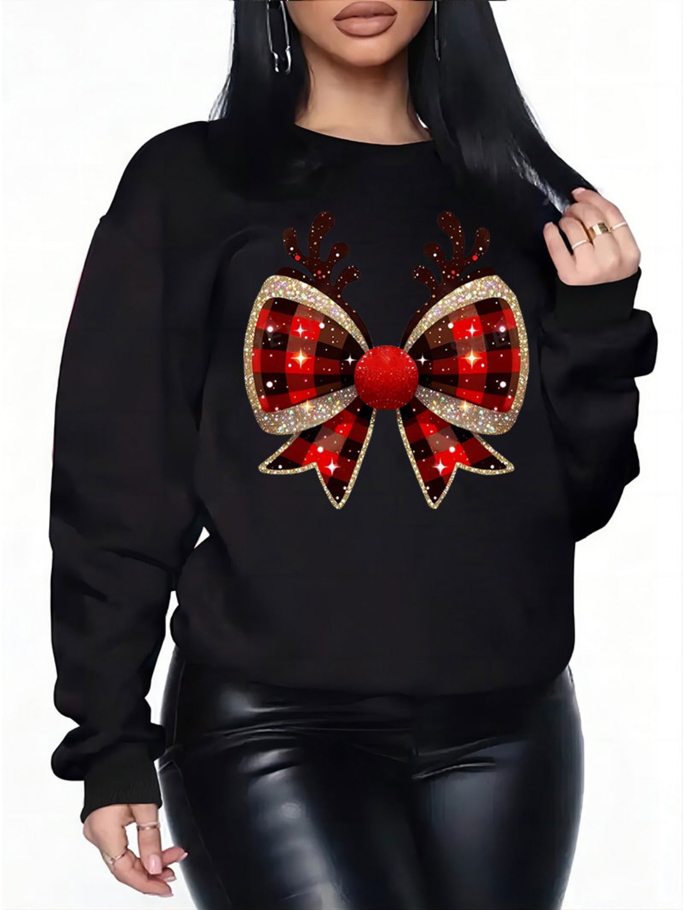 Women's Plus Size Casual Christmas Sweatshirt with Reindeer & Bow Print - Cozy Polyester, Round Neck, Machine Washable - Perfect for Fall/Winter