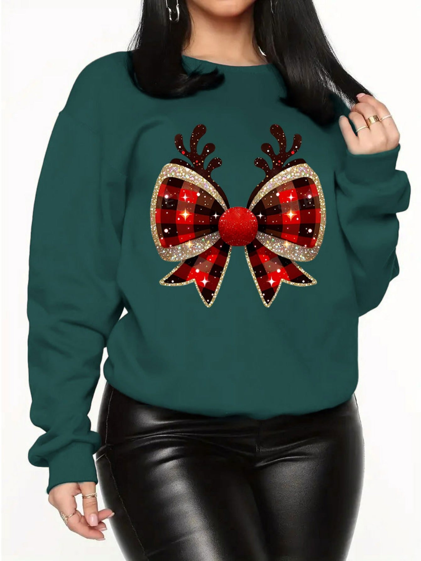 Women's Plus Size Casual Christmas Sweatshirt with Reindeer & Bow Print - Cozy Polyester, Round Neck, Machine Washable - Perfect for Fall/Winter