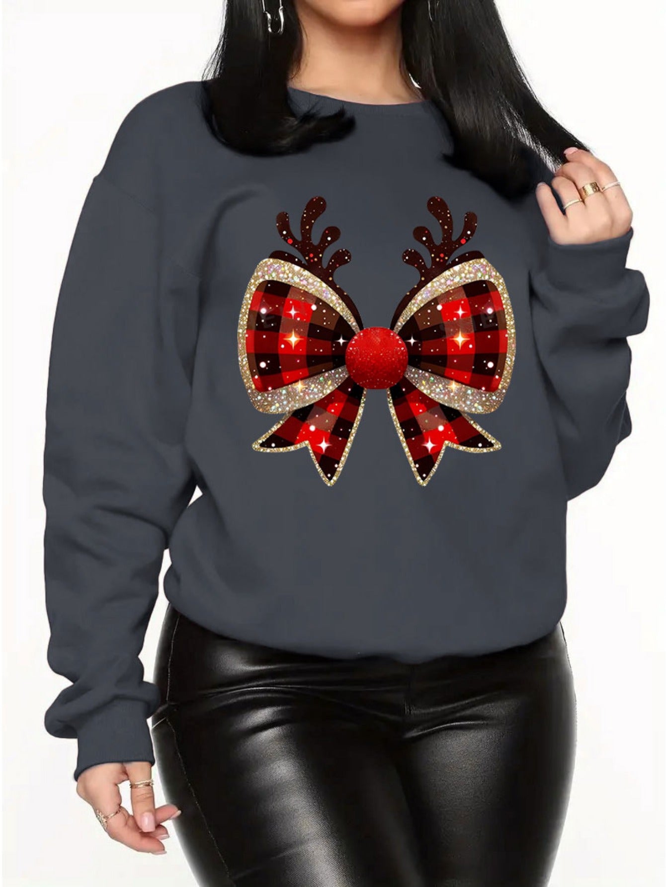Women's Plus Size Casual Christmas Sweatshirt with Reindeer & Bow Print - Cozy Polyester, Round Neck, Machine Washable - Perfect for Fall/Winter