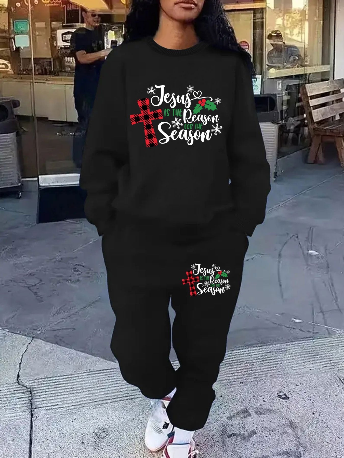 Women's Christmas Sweatshirt and Pants Set, "Jesus is the Reason for the Season" Letter Print, Cozy Knit Fabric, Polyester, Casual Round Neck, Fall/Winter Fashion Outfit