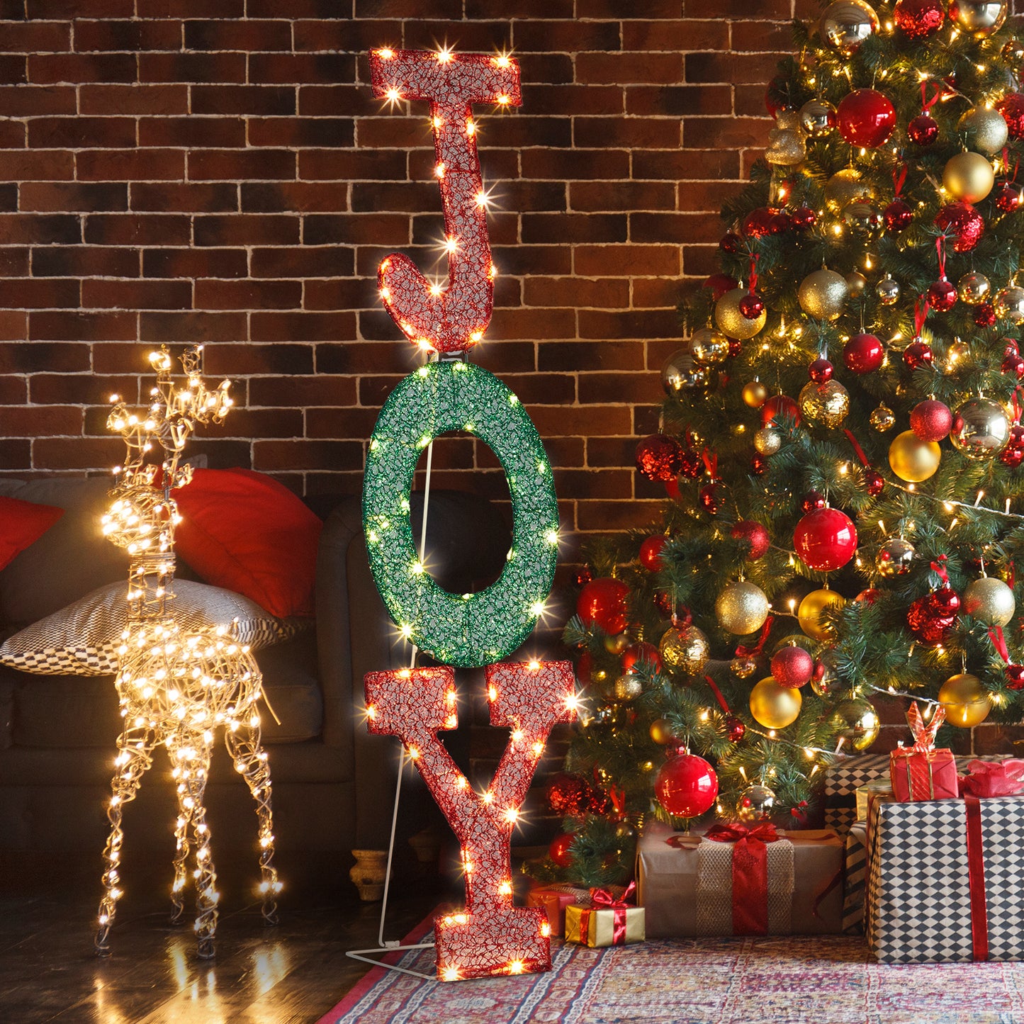 1pc Festive USB Powered Joy Sign, Freestanding Holiday Decoration with LED Lights, Durable Plastic Outdoor Christmas Ornament, ≤36V Operation, No Feathers