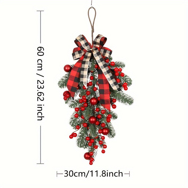 No Battery Required Christmas Pine Teardrop Swag with Red Berries, Plaid Bow, Artificial Festive Hanging Decoration, Plastic Pine Greenery, Suitable for Indoor/Outdoor Holiday Decor