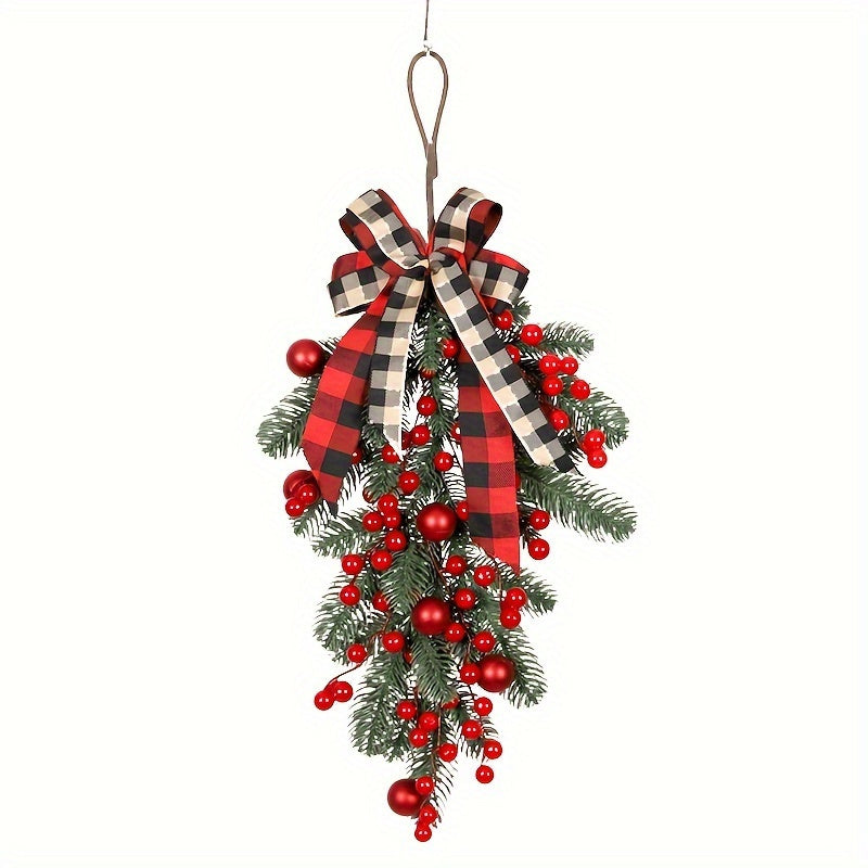 No Battery Required Christmas Pine Teardrop Swag with Red Berries, Plaid Bow, Artificial Festive Hanging Decoration, Plastic Pine Greenery, Suitable for Indoor/Outdoor Holiday Decor