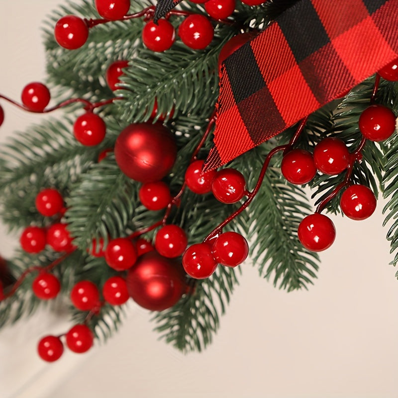 No Battery Required Christmas Pine Teardrop Swag with Red Berries, Plaid Bow, Artificial Festive Hanging Decoration, Plastic Pine Greenery, Suitable for Indoor/Outdoor Holiday Decor