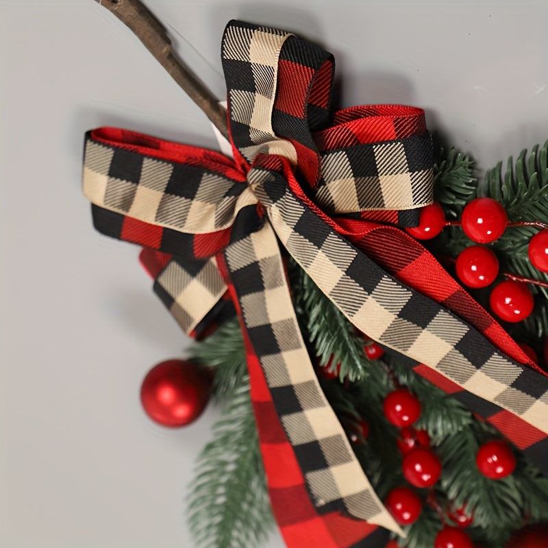No Battery Required Christmas Pine Teardrop Swag with Red Berries, Plaid Bow, Artificial Festive Hanging Decoration, Plastic Pine Greenery, Suitable for Indoor/Outdoor Holiday Decor