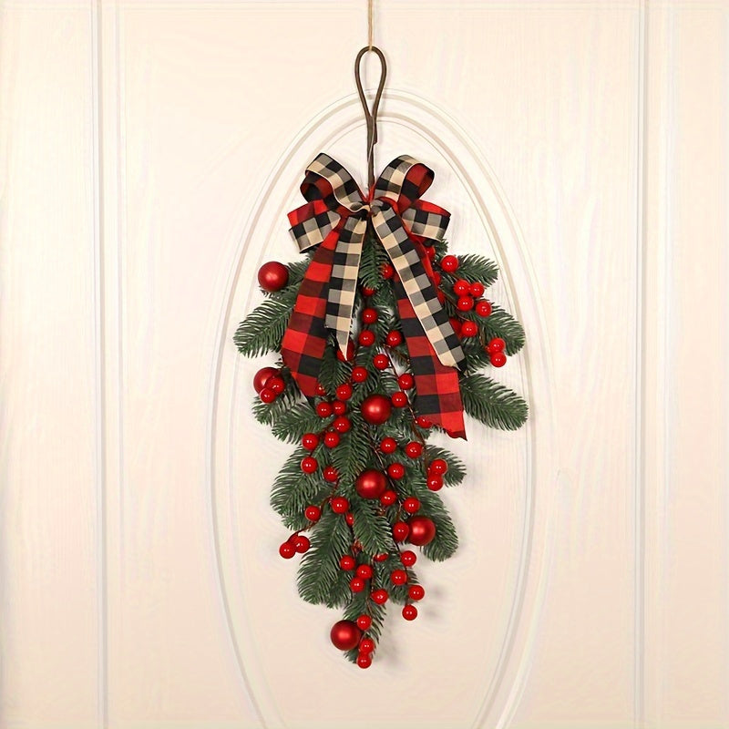 No Battery Required Christmas Pine Teardrop Swag with Red Berries, Plaid Bow, Artificial Festive Hanging Decoration, Plastic Pine Greenery, Suitable for Indoor/Outdoor Holiday Decor