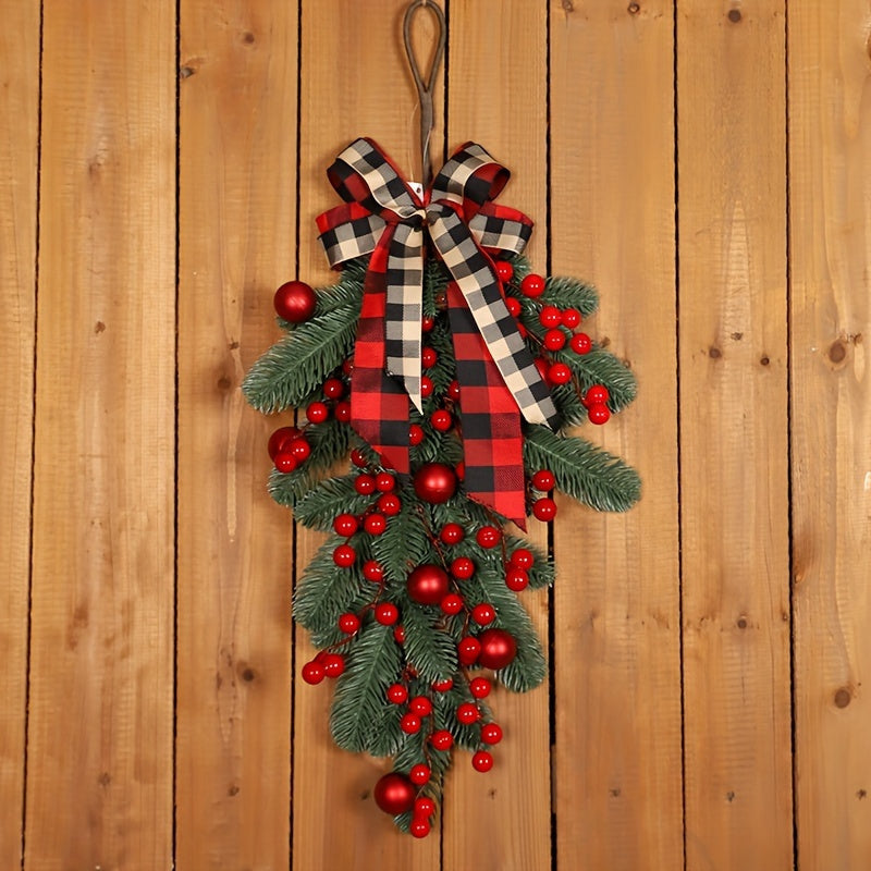 No Battery Required Christmas Pine Teardrop Swag with Red Berries, Plaid Bow, Artificial Festive Hanging Decoration, Plastic Pine Greenery, Suitable for Indoor/Outdoor Holiday Decor
