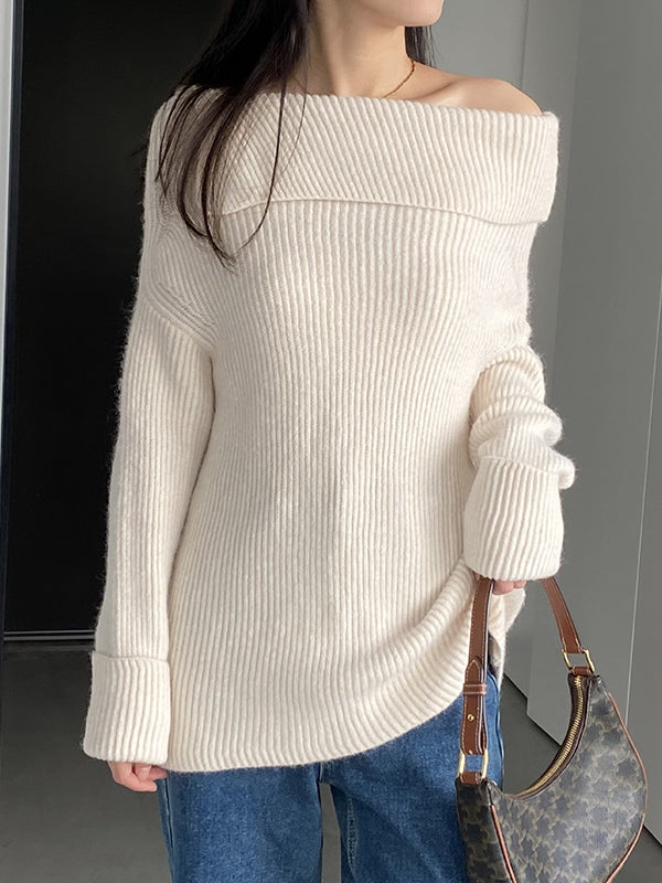 xakxx Long Sleeves Loose Solid Color Off-The-Shoulder Knitwear Pullovers Sweater