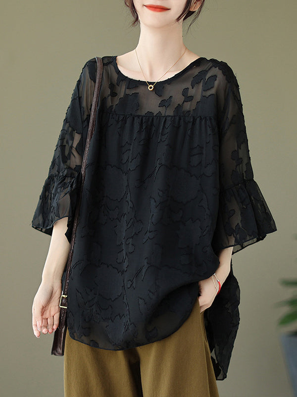xakxx Loose Short Sleeves Falbala Pleated See-Through Split-Joint Round-Neck T-Shirts