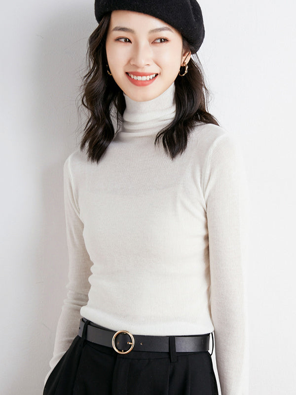 xakxx Simple Skinny Long Sleeves Solid Color High-Neck Sweater Tops Pullovers