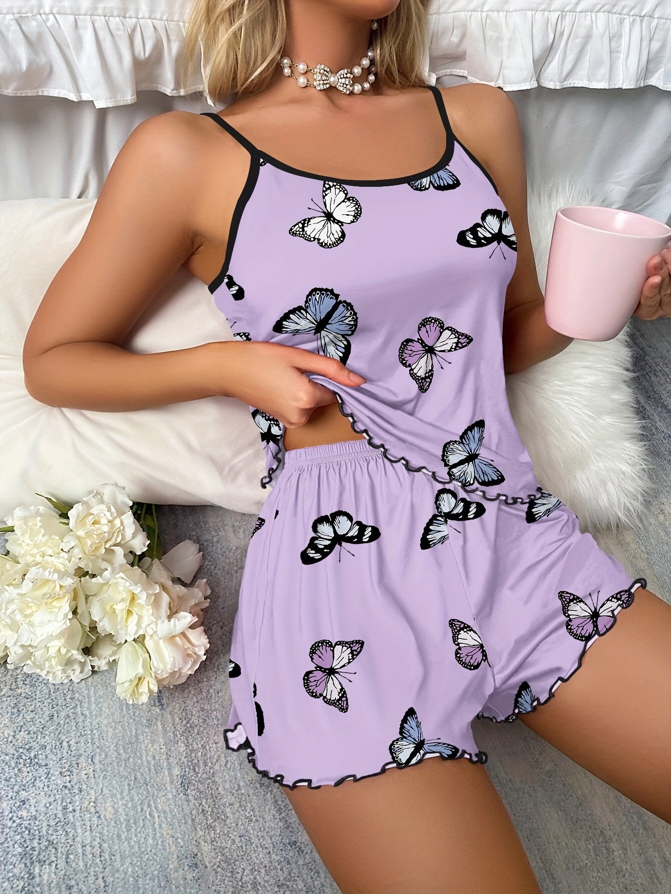 Butterfly Print Pajama Set for Women - Soft Micro Elasticity, Sleeveless Crew Neck Cami Top, Elastic Waistband Shorts, Random Pattern, All-Season Comfortable Sleepwear & Loungewear