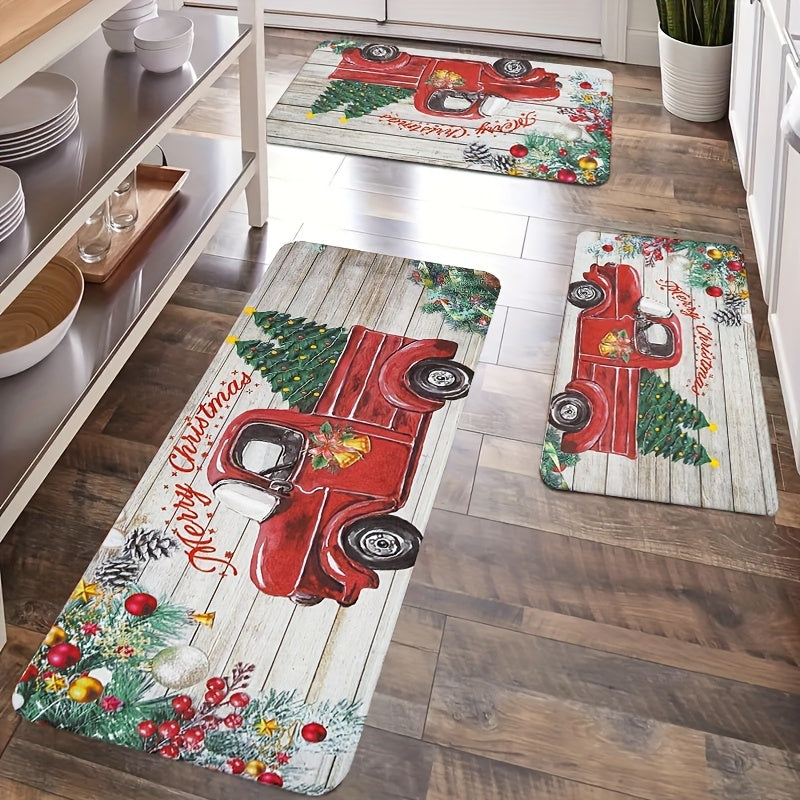 1pc Christmas Car Bathroom Absorbent Floor Mat, Merry Christmas Quick-drying Floor Mat, Christmas Tree Non-slip Floor Mat, Hallway Balcony Polyester Rug, Entrance Door Mat, Christmas Decorative Rug, Washable Home Operated Rug Hallway Laundry Room