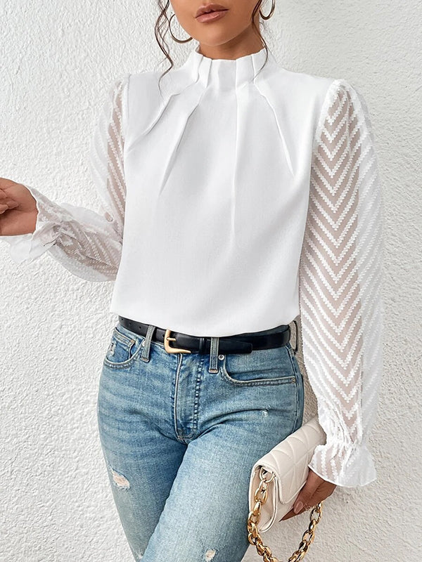 xakxx Long Sleeves Loose Elasticity Mesh Pleated Solid Color Mock Neck Blouses&Shirts Tops