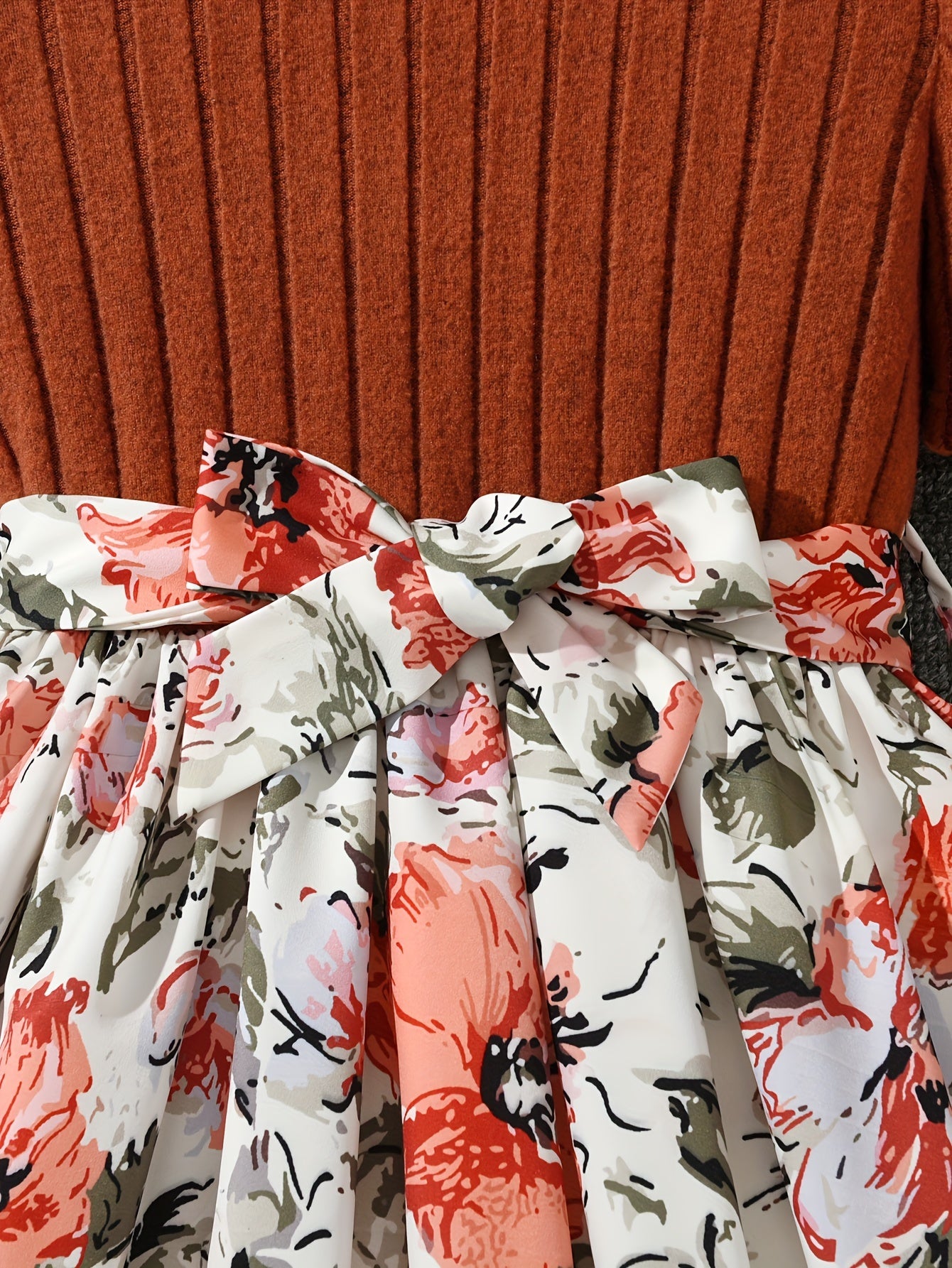 Girls Midi Floral Spliced Casual Dress with Belt - Ribbed Textured, Puff Short Sleeves, Trapeze Hem, and Medium Stretch Polyester Fabric for Summer Vacation Wear