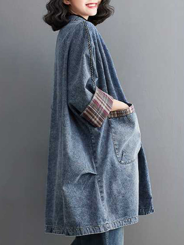 xakxx Long Sleeves Loose Buttoned Plaid Pockets Split-Joint V-Neck Denim Outerwear