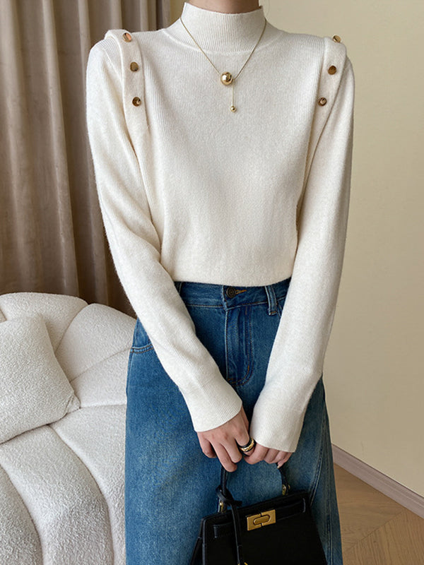 xakxx Long Sleeves Buttoned Split-Joint High-Neck Sweater Tops