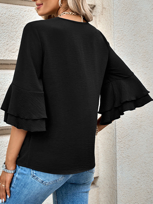 xakxx Half Sleeves Loose Solid Color V-Neck T-Shirts Tops