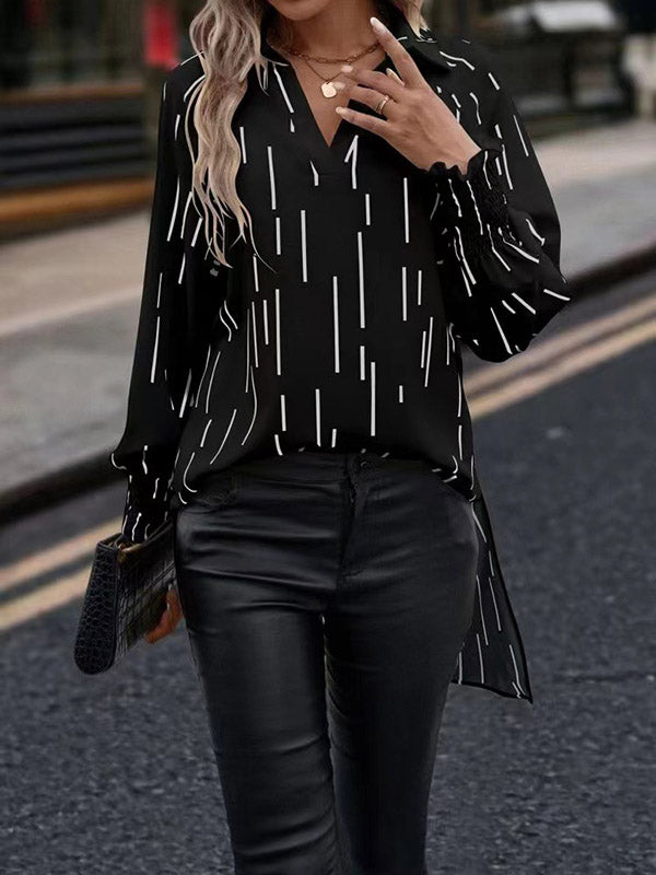 xakxx High-Low Long Sleeves Elasticity Printed V-Neck T-Shirts Tops