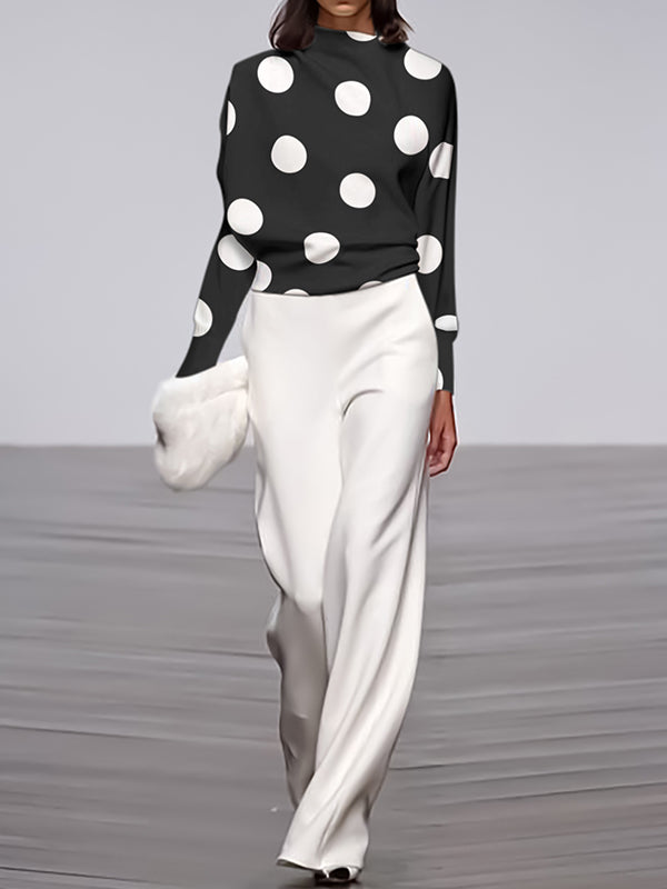 xakxx Long Sleeves Loose Polka Dot Stand Collar T-Shirts