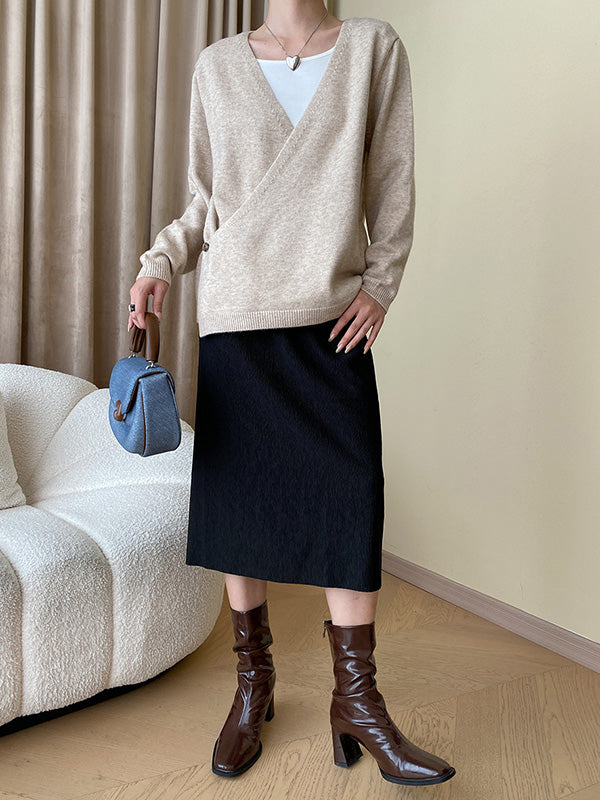 xakxx Long Sleeves Loose Asymmetric Buttoned V-neck Sweater Tops