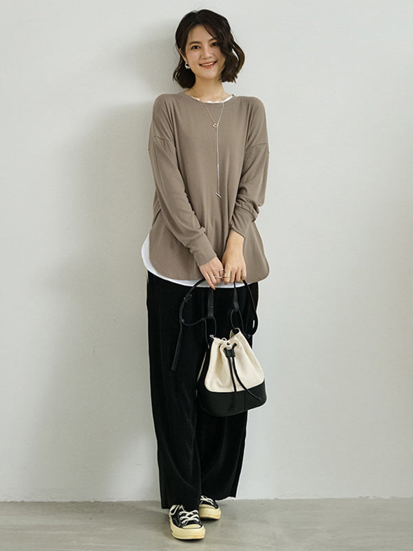 xakxx Simple Long Sleeves Loose Split-Side Solid Color Round-Neck T-Shirts Tops