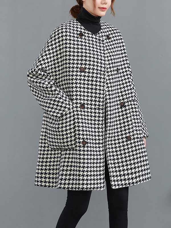 xakxx Loose Houndstooth Buttoned Round-Neck Long Sleeves Woolen Coat