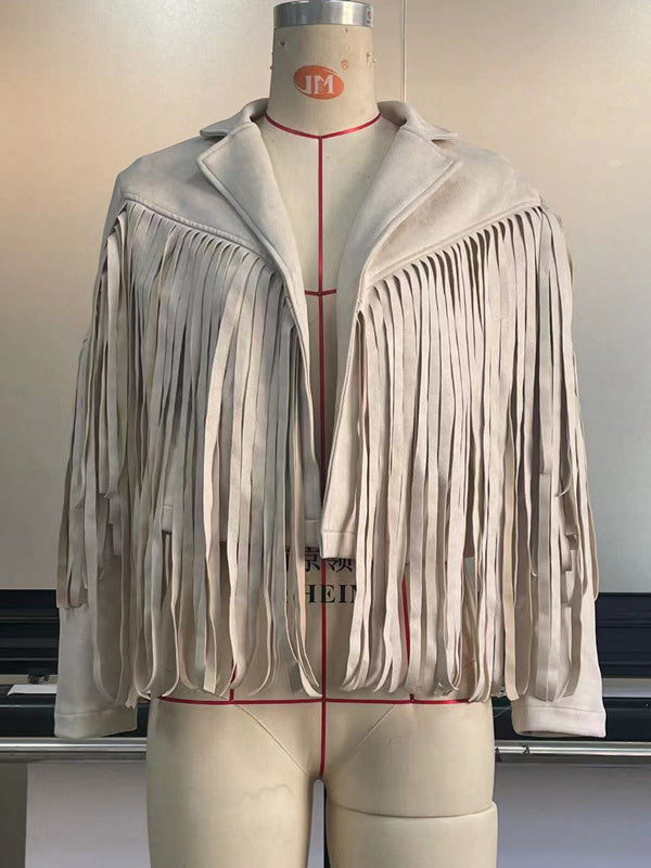 xakxx Long Sleeves Solid Color Split-Joint Tasseled Notched Collar Jackets
