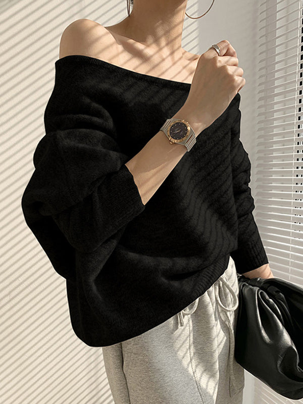 xakxx Casual Loose Long Sleeves Solid Color Off-The-Shoulder Sweater Tops