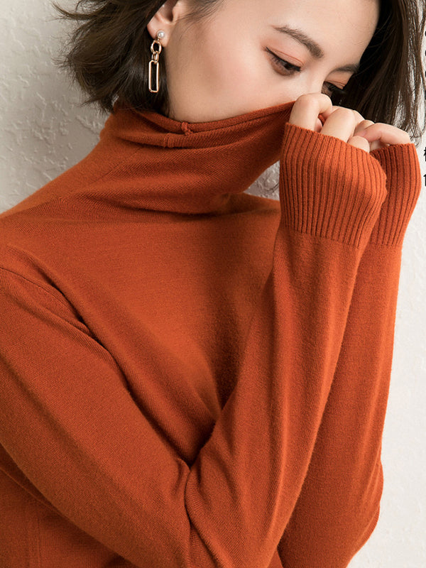 xakxx Simple Loose Long Sleeves Solid Color High-Neck Sweater Tops