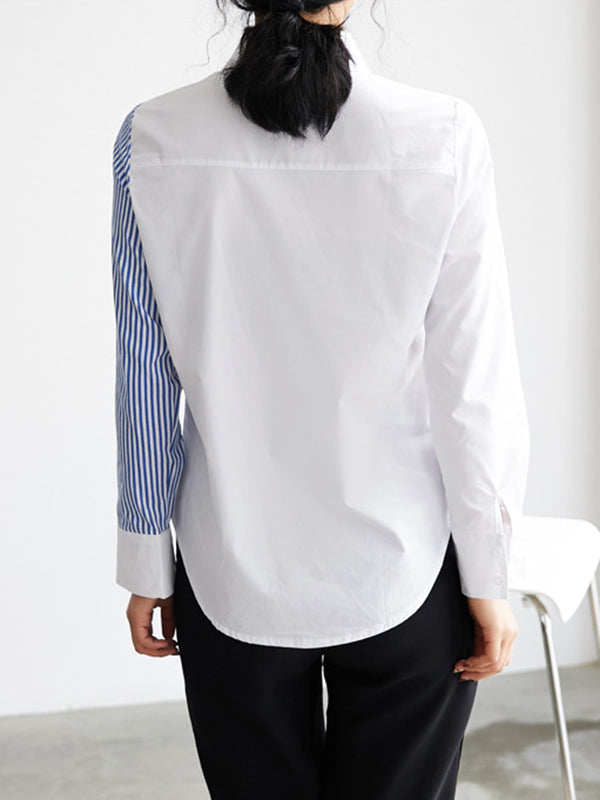 xakxx Long Sleeves Irregularity Striped Solid Contrast Color Lapel Collar Blouses