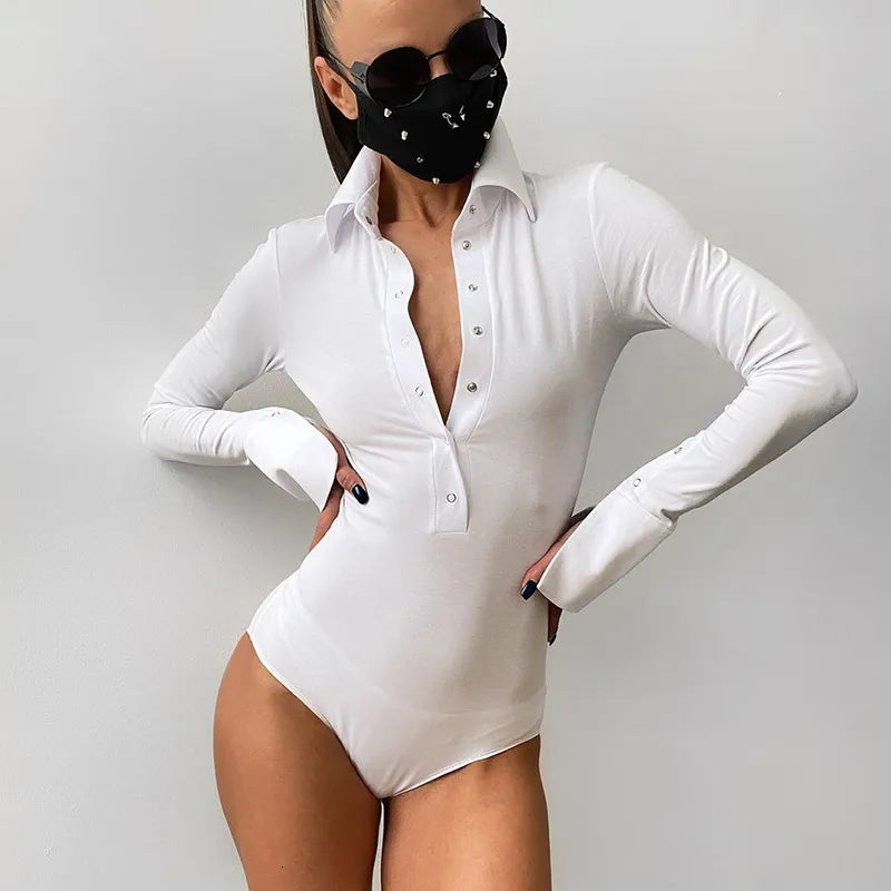 Spring Autumn Women's Long Sleeve Buttoned Skinny Bodysuit Turn Down Collar Sexy Body Top Patchwork Jumpsuit Femme New 210415
