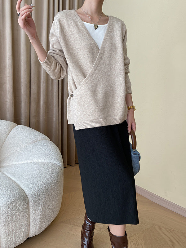 xakxx Long Sleeves Loose Asymmetric Buttoned V-neck Sweater Tops